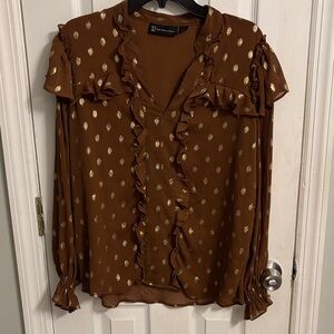 New York & Company Brown Blouse with Gold Accents